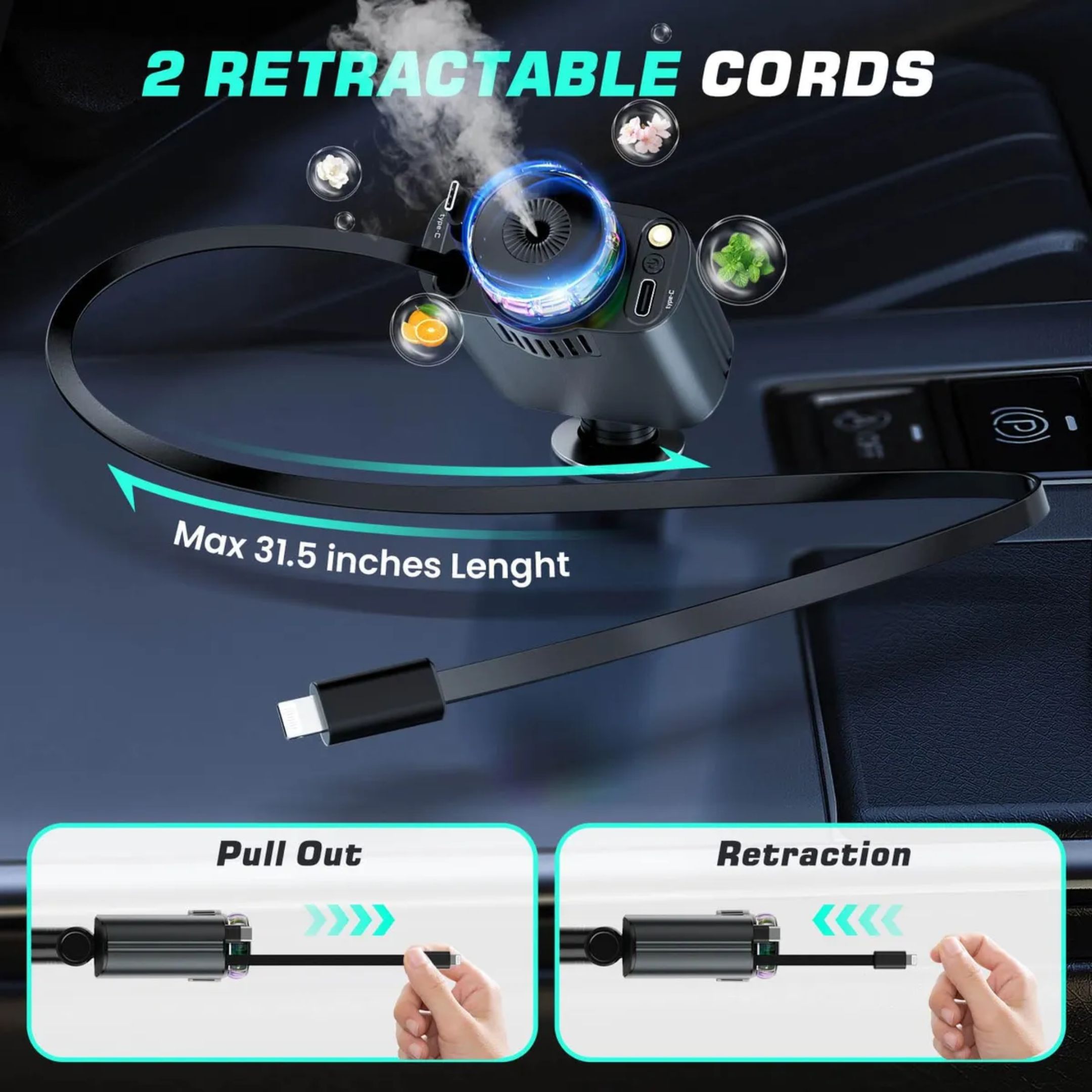 Cables USB-C y USB-A retráctiles integrados del cargador, extendidos hasta su longitud máxima de 80 cm (31.5 pulgadas) para carga flexible.