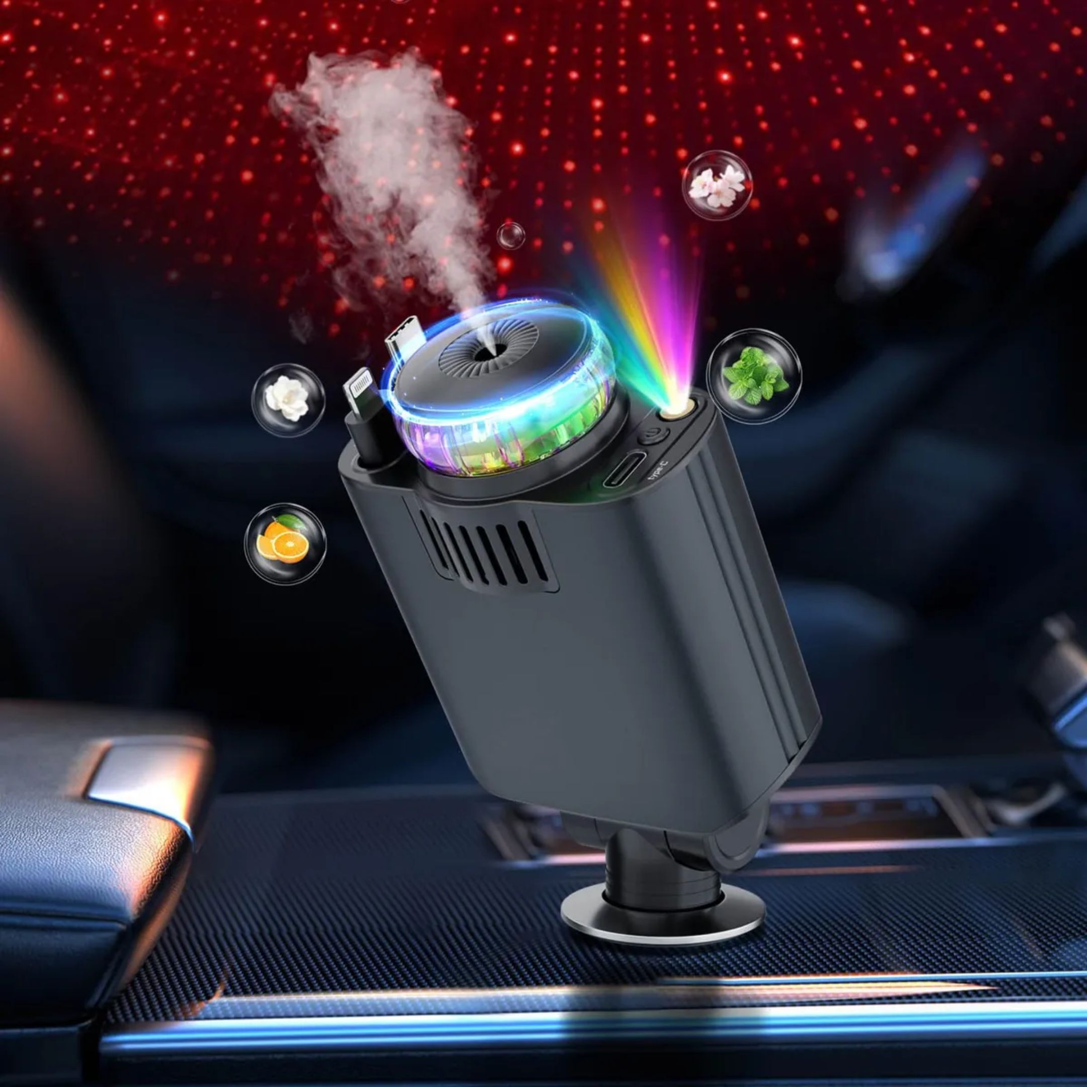 Vista amplia del interior de un coche mostrando el cargador Aroma StarLight funcionando en el tablero, iluminando con luces estrelladas y difundiendo aroma.