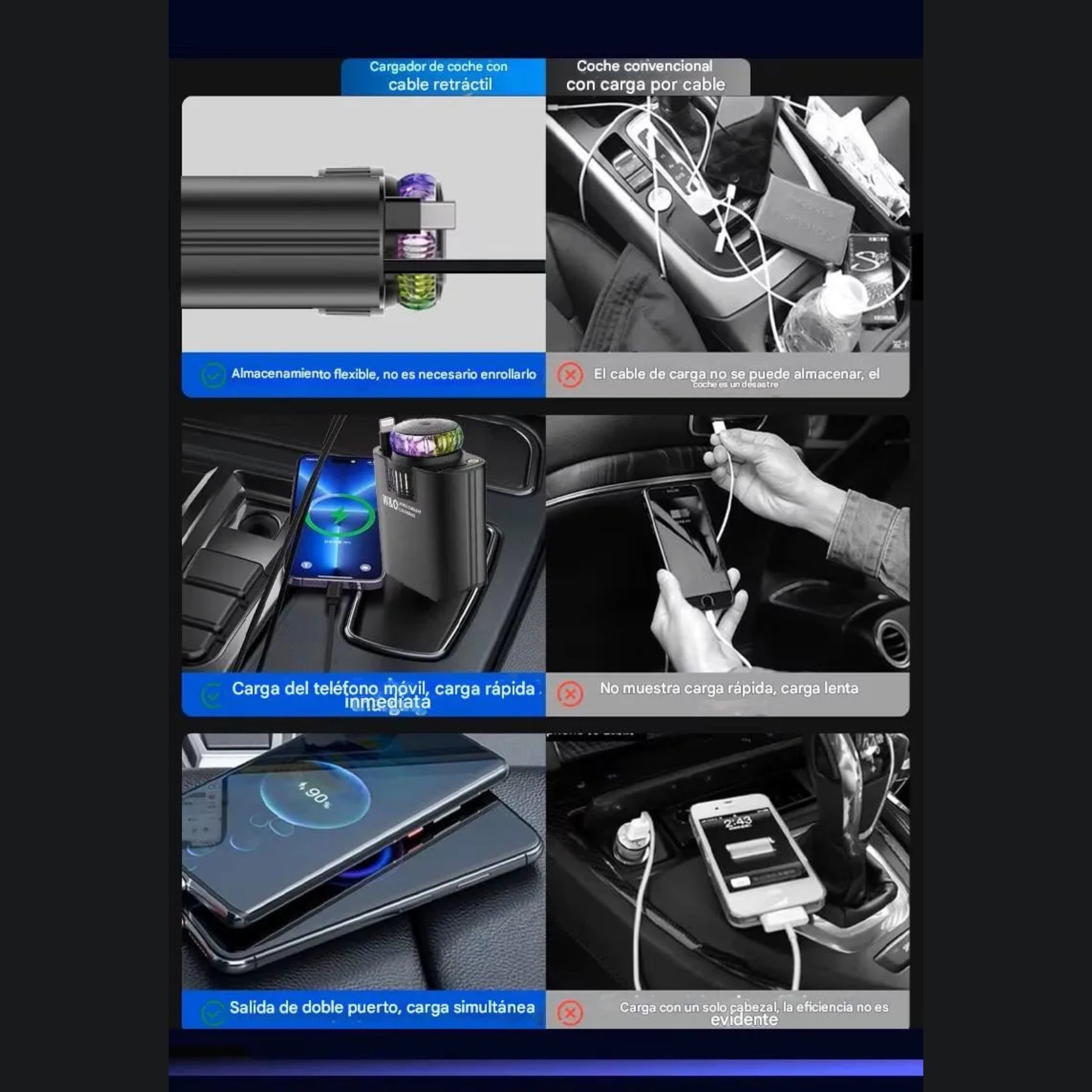 Tabla comparativa que muestra las ventajas del cargador Aroma StarLight: cables retráctiles (almacenamiento fácil), carga rápida 45W, doble puerto y aromatizador, vs un cargador común lento y desordenado.