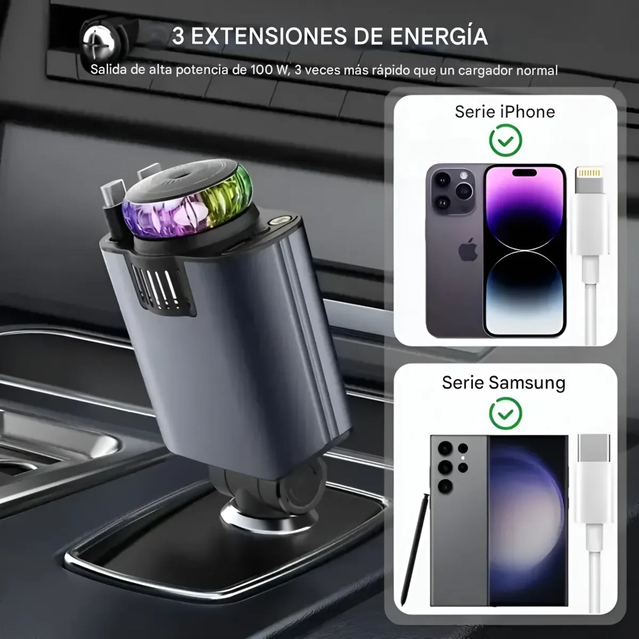 Especificación de potencia: el cargador para auto Aroma StarLight ofrece una salida total de 100W (3x más rápido que un cargador normal), compatible con series iPhone y Samsung.