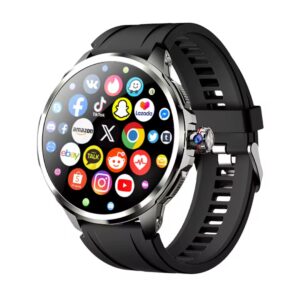 Pantalla del smartwatch Android H99 mostrando iconos de aplicaciones compatibles: TikTok, Lazada, Amazon, eBay y WhatsApp para mensajería.